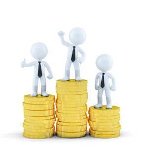 Business people on top of euro coin piles. Money making concept. Isolated on white background